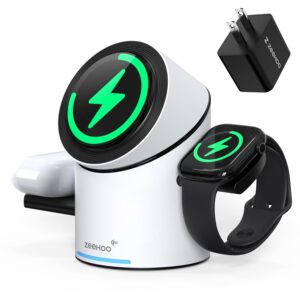 ZEEHOO 3 in 1 Charging Station for Apple Devices, Mag-Safe Charger Stand, Qi2 15W Auto-Rotating Wireless Charging Station for iPhone 15/14/13/12 Series& AirPods& iWatch(30W...